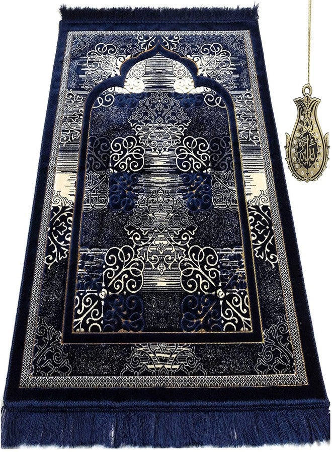 Modefa Prayer Mat | Turkish Velvet Muslim Prayer Rug Muslim Prayer Mat Islam | Soft Beautiful Prayer Rug Janamaz Sajjadah with Car Hanger | Classic Elegant Swirl (Navy Blue) - Image 1